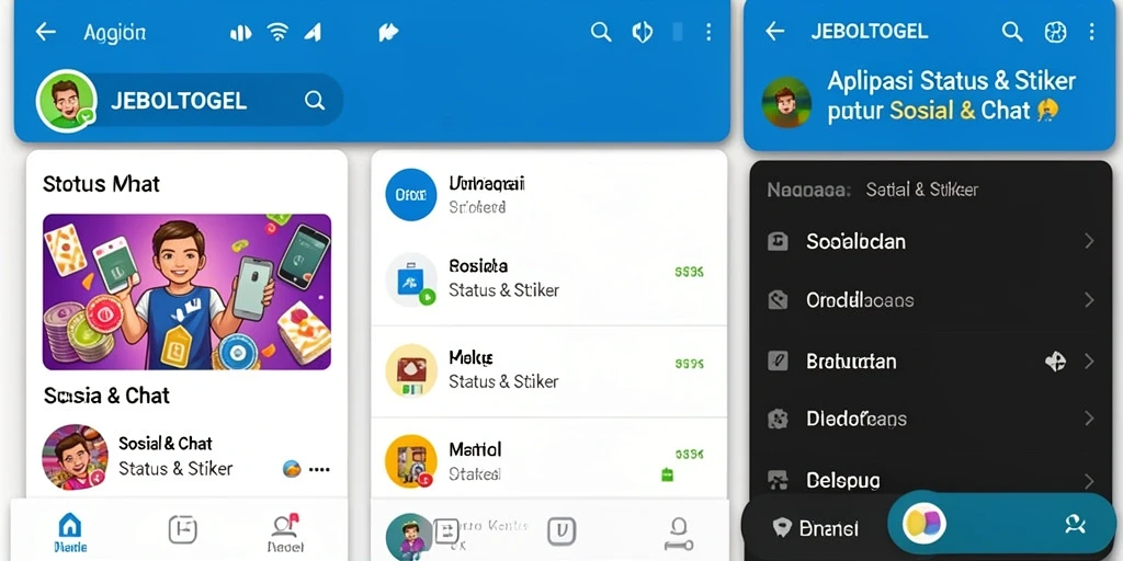 Tampilan antarmuka aplikasi JEBOLTOGEL dengan berbagai stiker menarik.