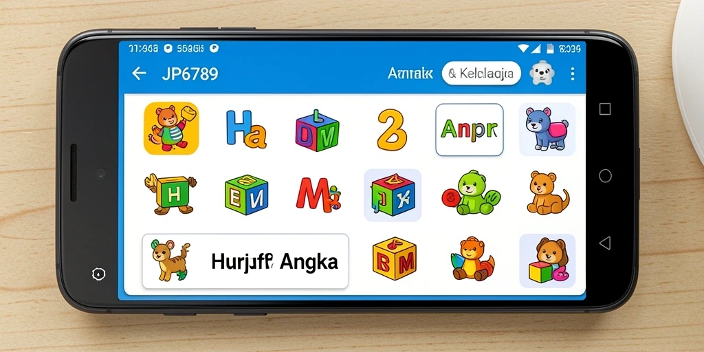Tampilan antarmuka aplikasi JP6789 yang menarik untuk belajar huruf dan angka.